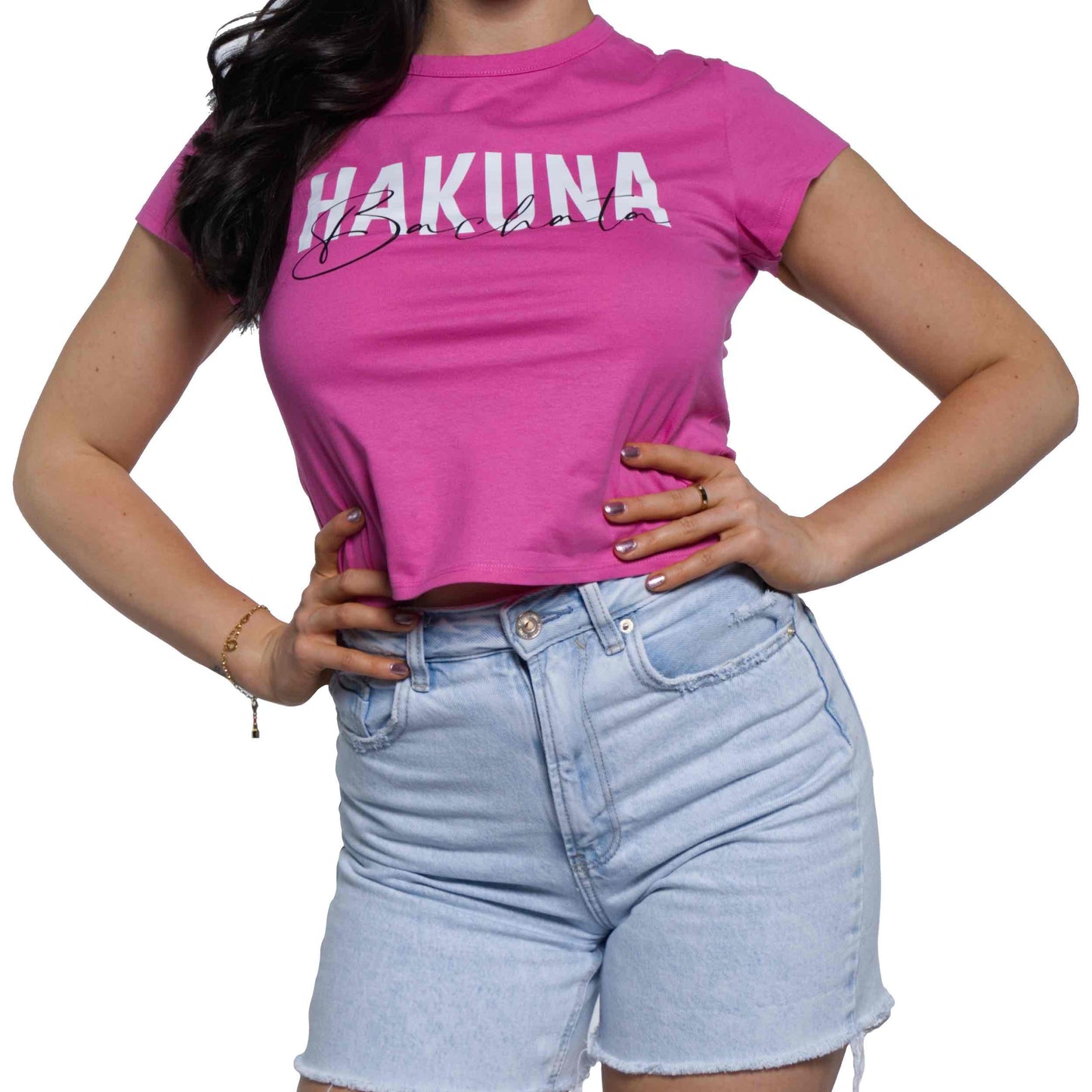 "Bachata Divina" Pink Crop Top - with White and Black Logo - Hakuna Bachata