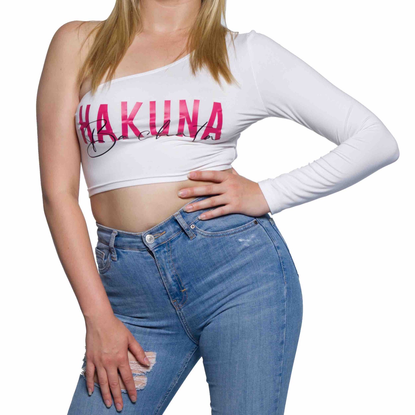 Top asymétrique pour femme "Bachata Sirena" - Blanc avec Logo Fuschia et Noir- Hakuna Bachata